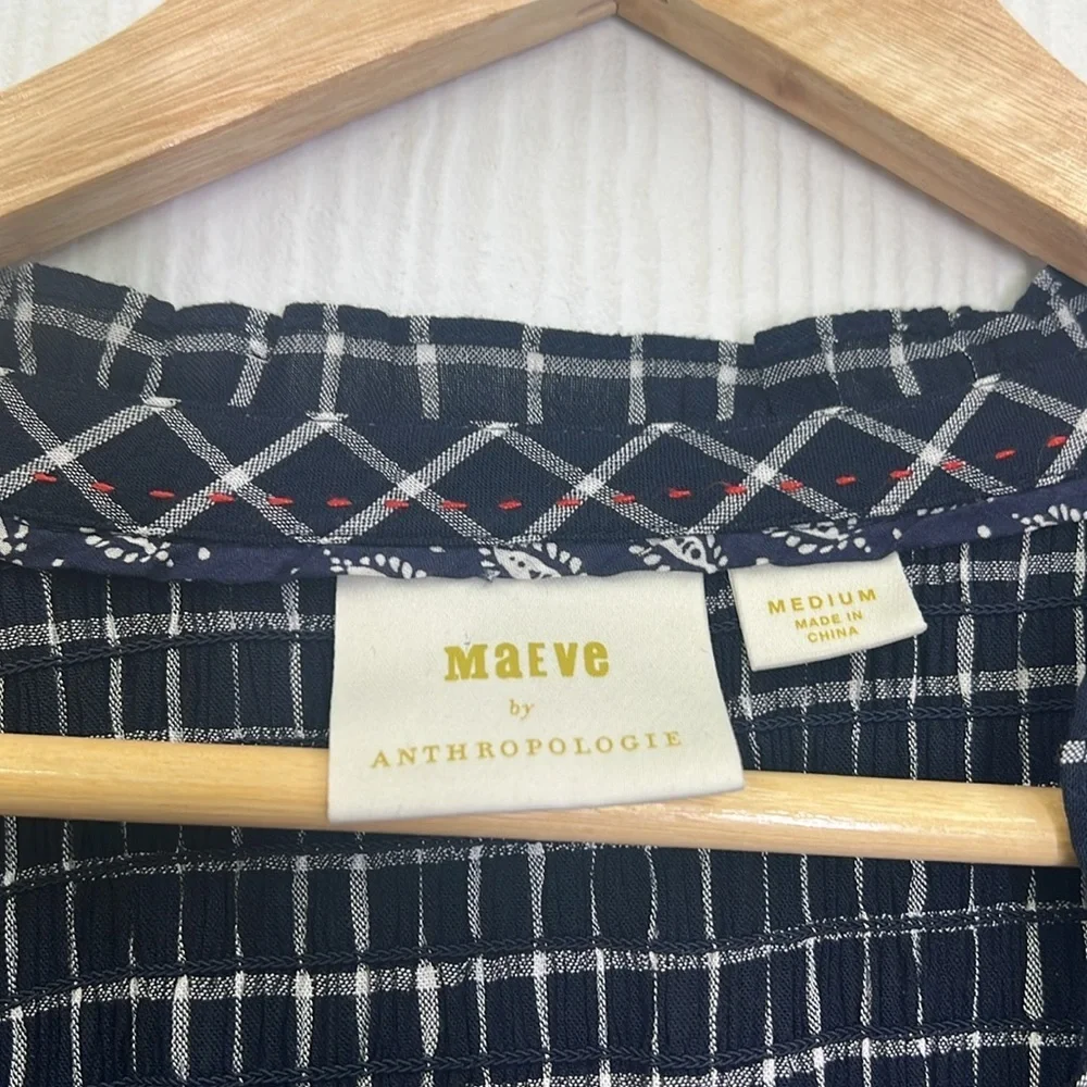 Anthropologie - Maeve Sara Navy Blue Windowpane Plaid Midi Dress Size Medium - Picture 13 of 15